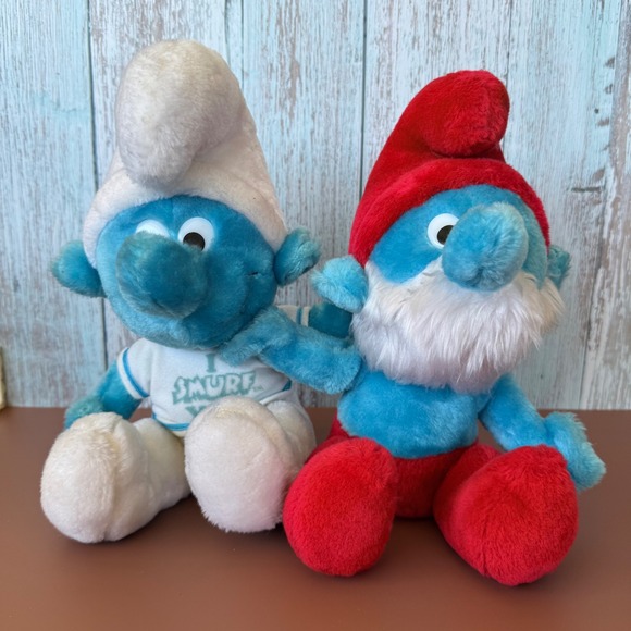 Papa Smurf & Smurf w Shirt Plush Peyo Wallace Berrie Stuffed Animal 10" 1979 - Picture 1 of 9